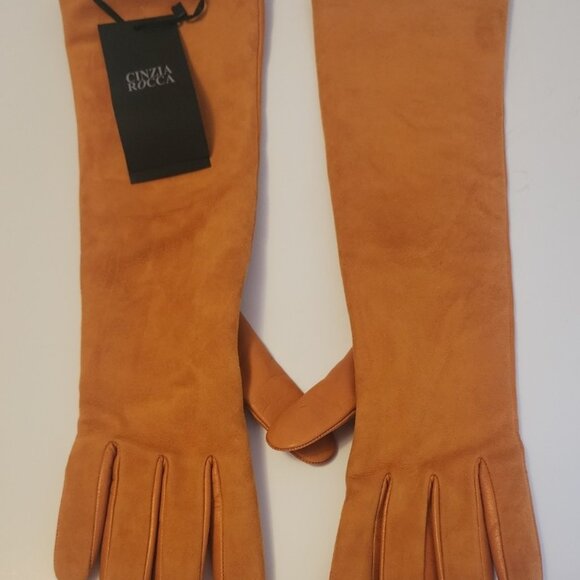 NEW CINZIA ROCCA Long Orange Leather Elbow Gloves 7.5 - Picture 1 of 4